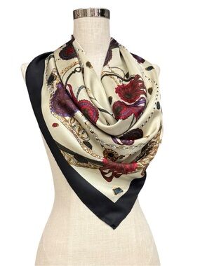 Express Silk Scarf Cream Chain Print Chain Medallion Print Vintage Scarf